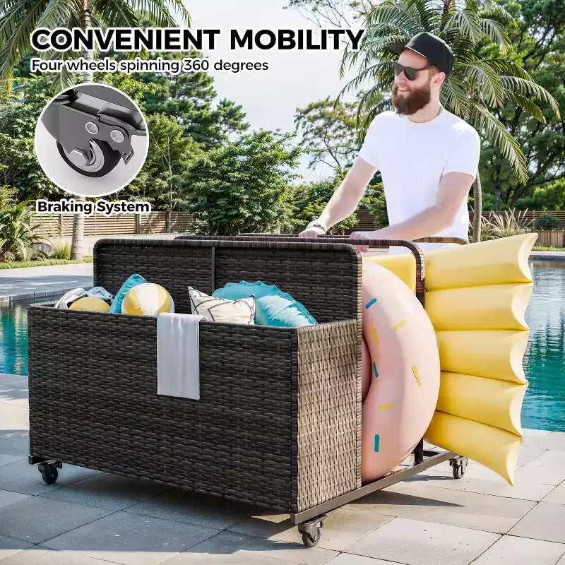 Outdoor Pool Float Storage Organizer with Rolling Wheels, Wicker Rattan Pool Caddy & Toy Storage Basket for Poolside, Patio & Deck