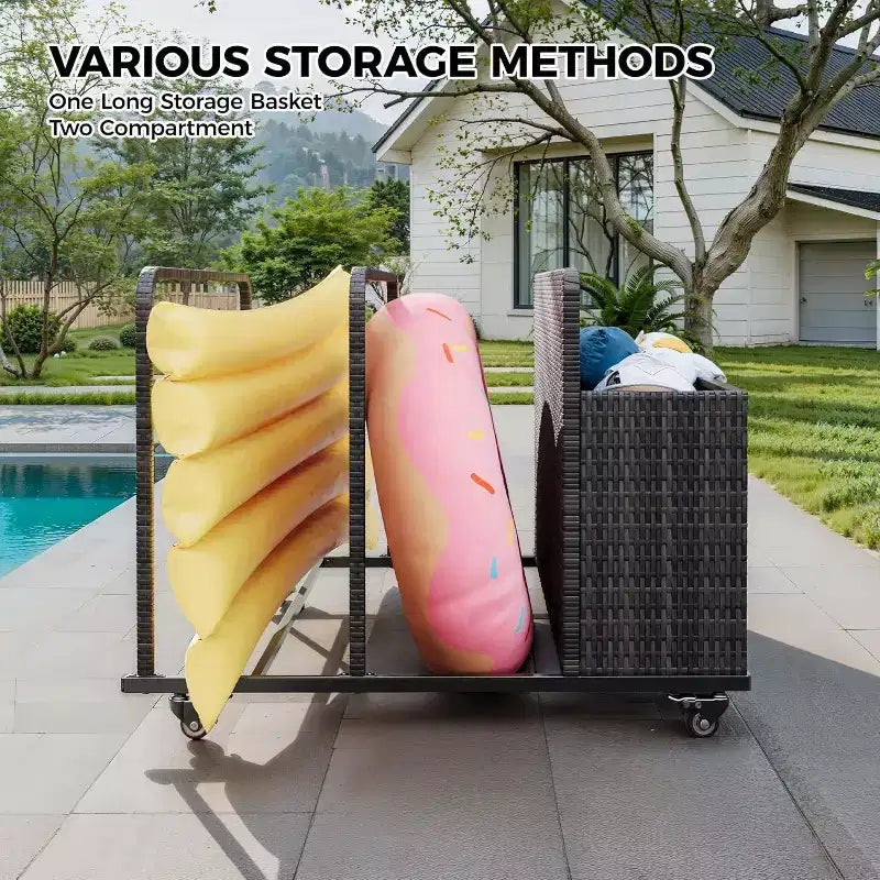 Outdoor Pool Float Storage Organizer with Rolling Wheels, Wicker Rattan Pool Caddy & Toy Storage Basket for Poolside, Patio & Deck