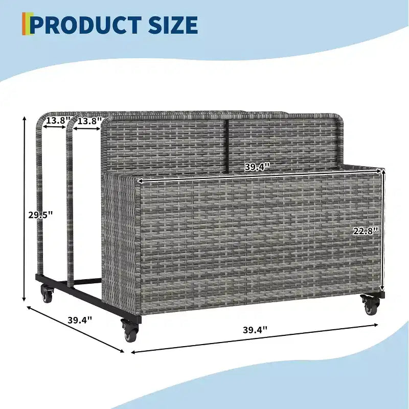 Outdoor Pool Float Storage Organizer with Rolling Wheels, Wicker Rattan Pool Caddy & Toy Storage Basket for Poolside, Patio & Deck