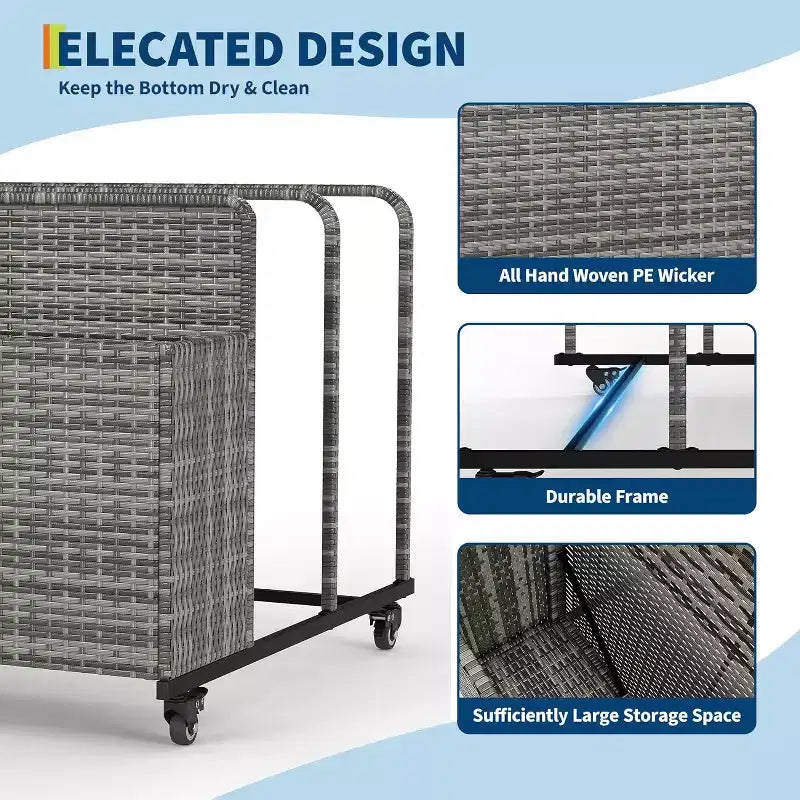 Outdoor Pool Float Storage Organizer with Rolling Wheels, Wicker Rattan Pool Caddy & Toy Storage Basket for Poolside, Patio & Deck
