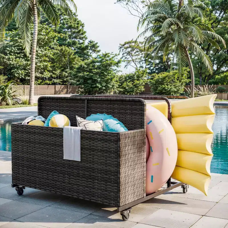 Outdoor Pool Float Storage Organizer with Rolling Wheels, Wicker Rattan Pool Caddy & Toy Storage Basket for Poolside, Patio & Deck