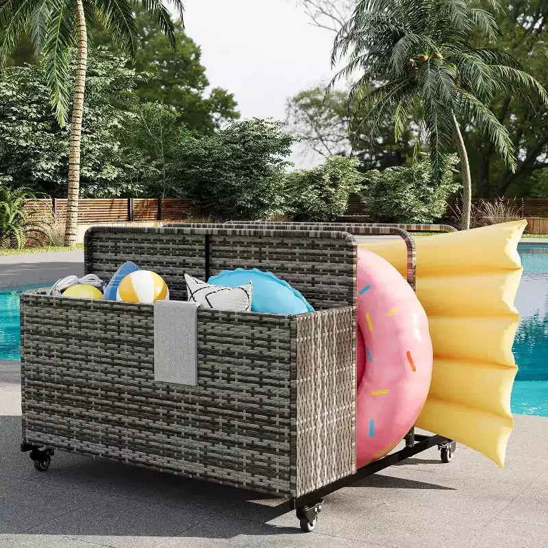 Outdoor Pool Float Storage Organizer with Rolling Wheels, Wicker Rattan Pool Caddy & Toy Storage Basket for Poolside, Patio & Deck