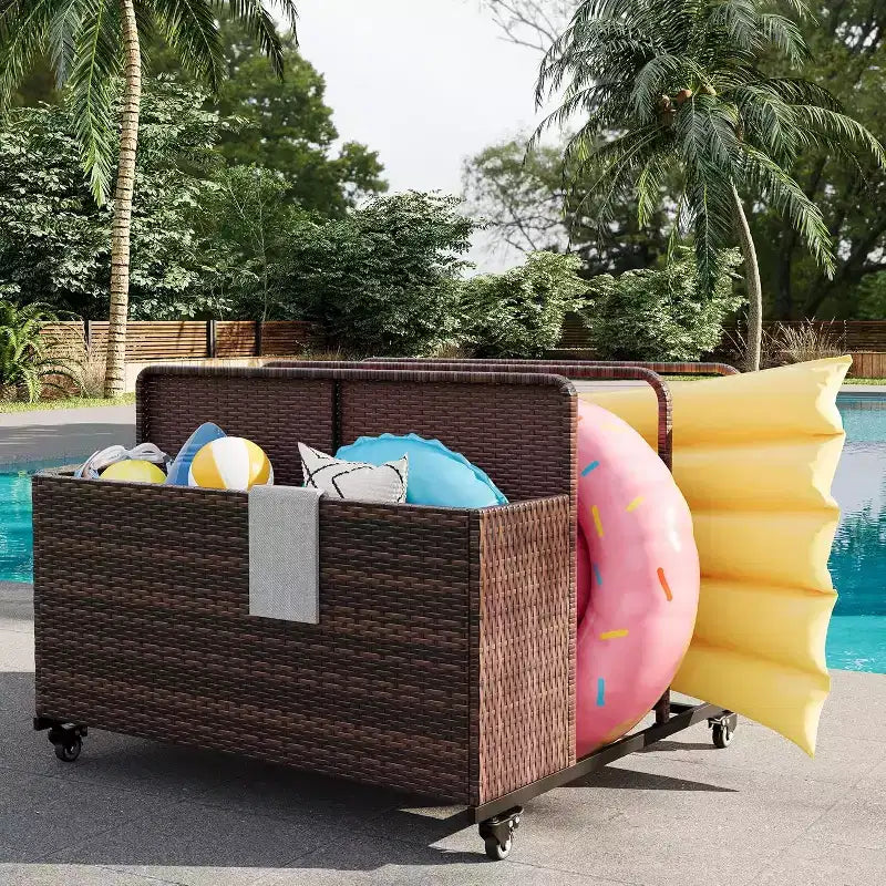 Outdoor Pool Float Storage Organizer with Rolling Wheels, Wicker Rattan Pool Caddy & Toy Storage Basket for Poolside, Patio & Deck