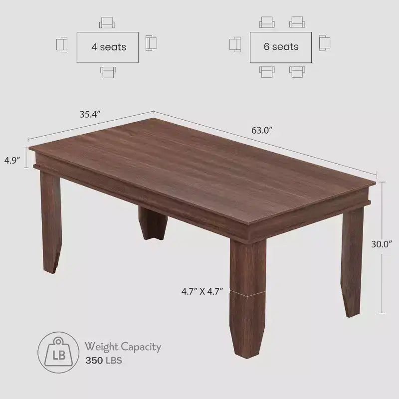 Farmhouse Dining Table for 6-8 People, 63 Non-extendable Rectangular Kitchen Table with Sturdy Wooden Frame for Dining Room