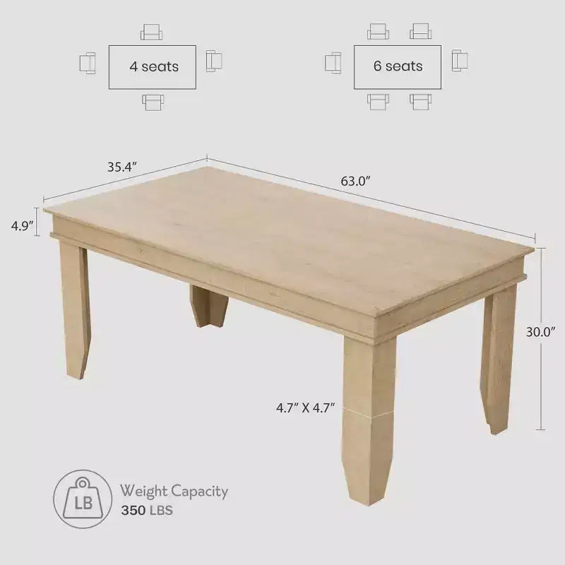 Farmhouse Dining Table for 6-8 People, 63 Non-extendable Rectangular Kitchen Table with Sturdy Wooden Frame for Dining Room