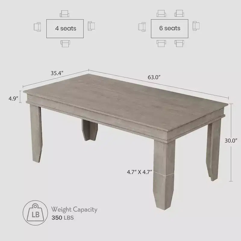 Farmhouse Dining Table for 6-8 People, 63 Non-extendable Rectangular Kitchen Table with Sturdy Wooden Frame for Dining Room