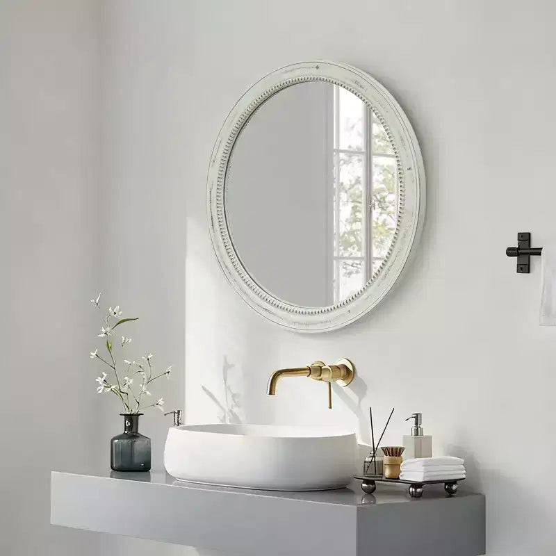 23.62" Vintage Beaded Wood Round Wall Mirror – Distressed Farmhouse Finish