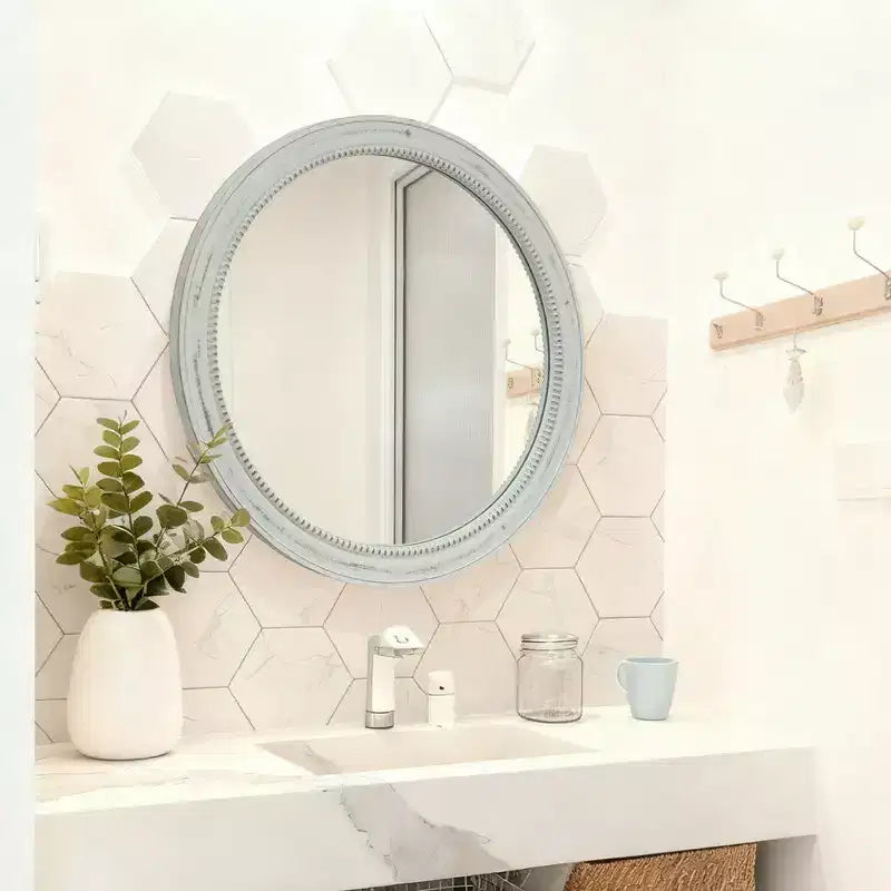 23.62" Vintage Beaded Wood Round Wall Mirror – Distressed Farmhouse Finish