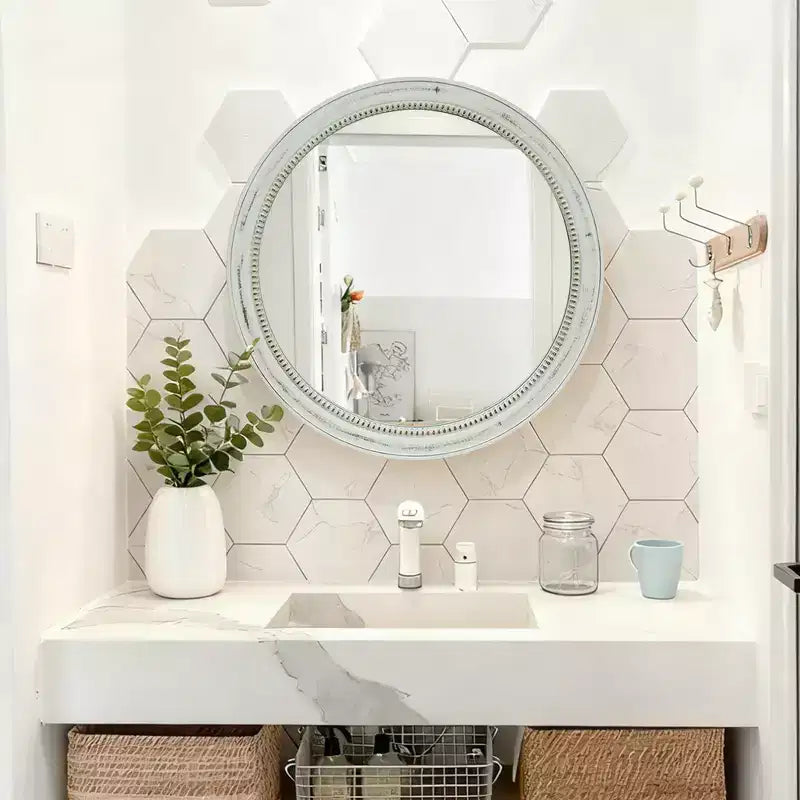 23.62" Vintage Beaded Wood Round Wall Mirror – Distressed Farmhouse Finish