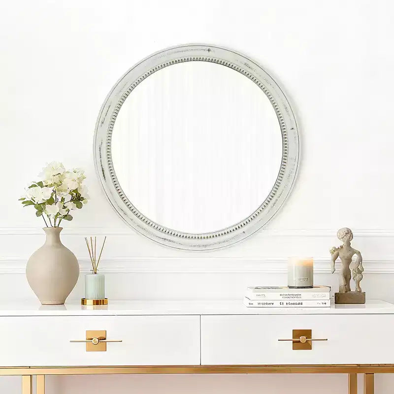 23.62" Vintage Beaded Wood Round Wall Mirror – Distressed Farmhouse Finish