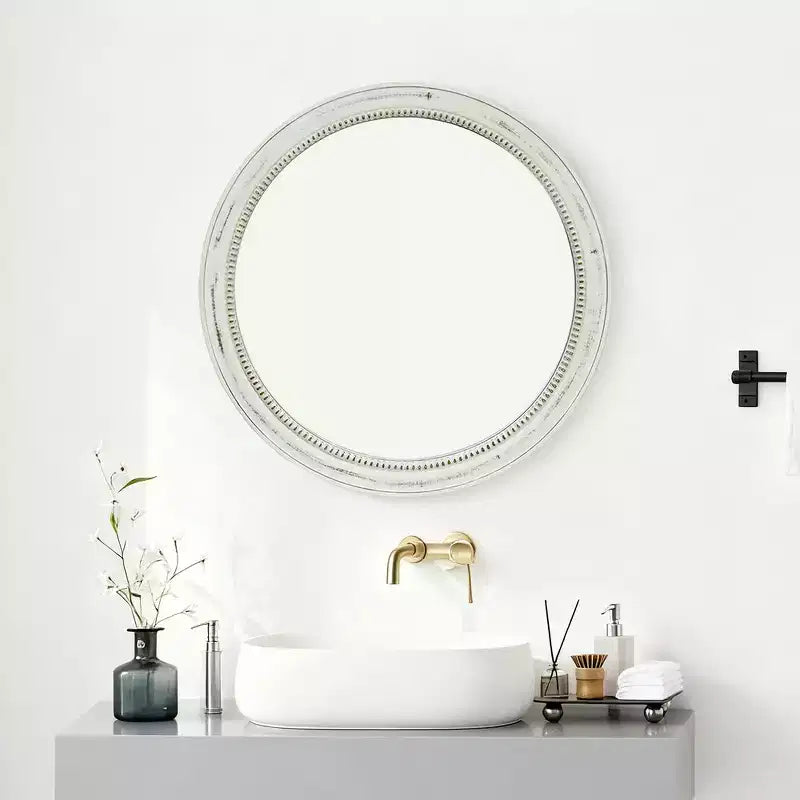 23.62" Vintage Beaded Wood Round Wall Mirror – Distressed Farmhouse Finish