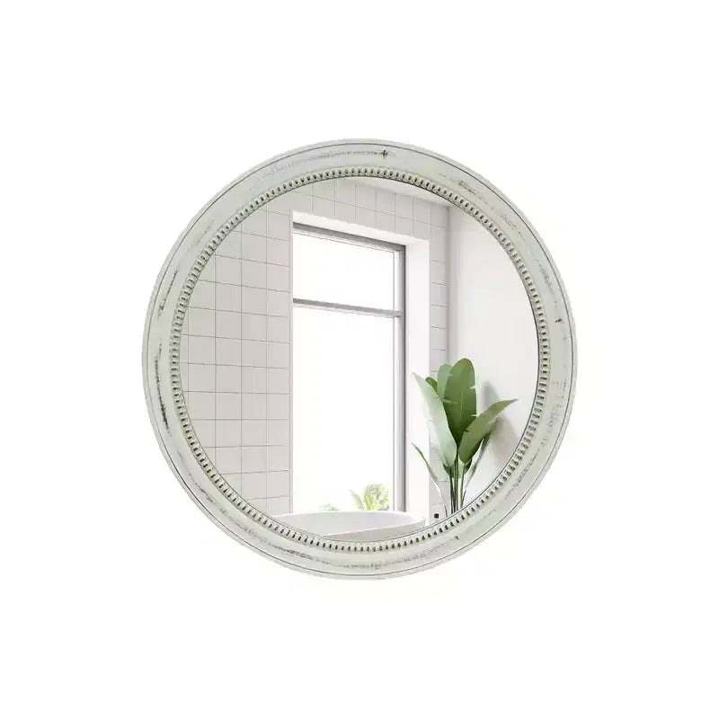 23.62" Vintage Beaded Wood Round Wall Mirror – Distressed Farmhouse Finish