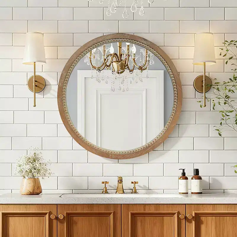 23.62" Vintage Beaded Wood Round Wall Mirror – Distressed Farmhouse Finish
