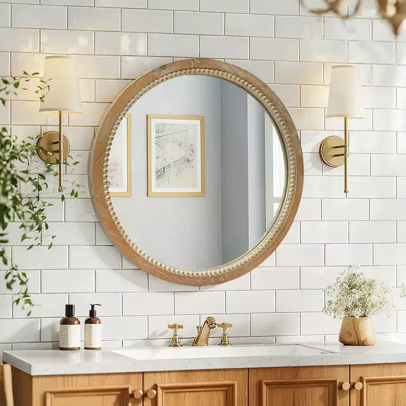 23.62" Vintage Beaded Wood Round Wall Mirror – Distressed Farmhouse Finish