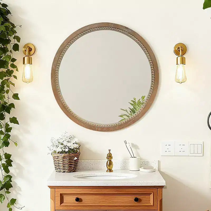 23.62" Vintage Beaded Wood Round Wall Mirror – Distressed Farmhouse Finish