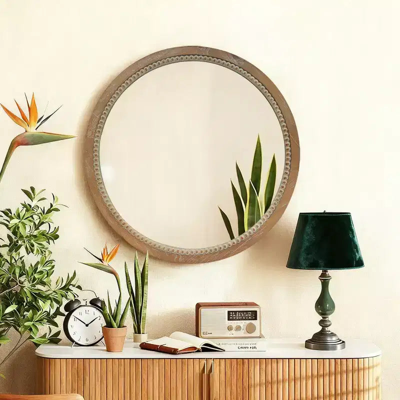 23.62" Vintage Beaded Wood Round Wall Mirror – Distressed Farmhouse Finish