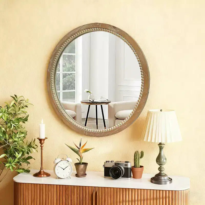 23.62" Vintage Beaded Wood Round Wall Mirror – Distressed Farmhouse Finish