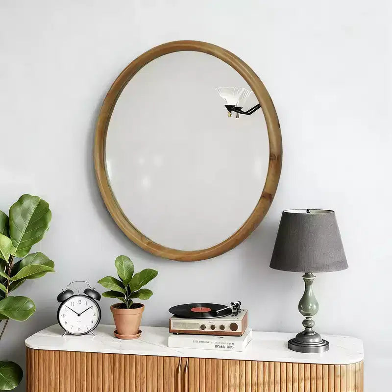 23.62" Vintage Beaded Wood Round Wall Mirror – Distressed Farmhouse Finish