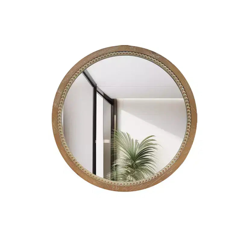 23.62" Vintage Beaded Wood Round Wall Mirror – Distressed Farmhouse Finish