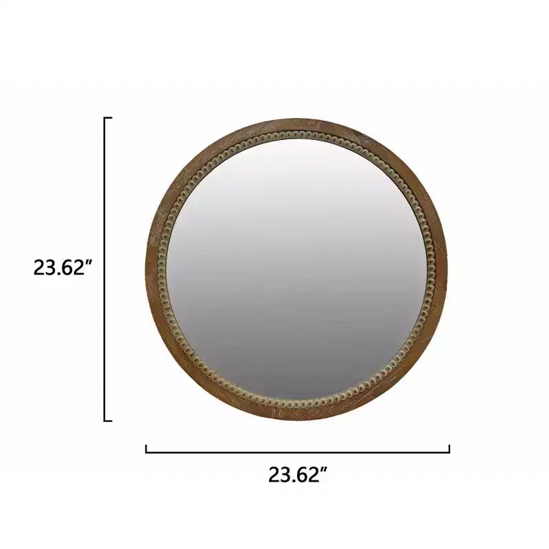 23.62" Vintage Beaded Wood Round Wall Mirror – Distressed Farmhouse Finish