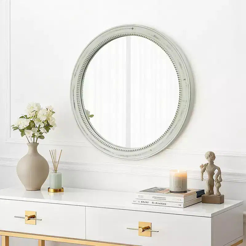 23.62" Vintage Beaded Wood Round Wall Mirror – Distressed Farmhouse Finish