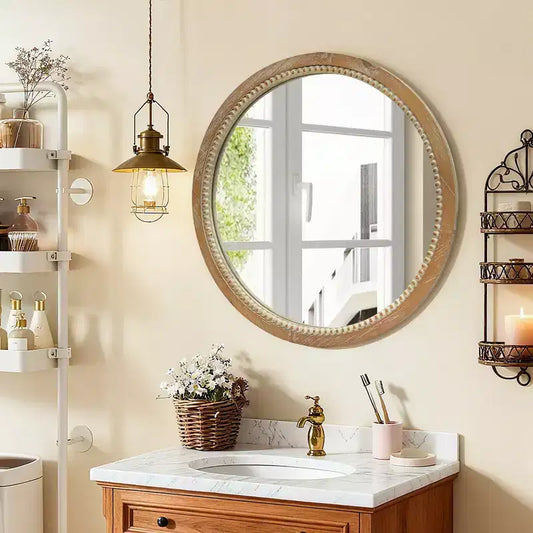 Whisen intage Beaded Wood Round Decorative Wall Mirror, Farmhouse Distressed Decor for Bathroom Entryway