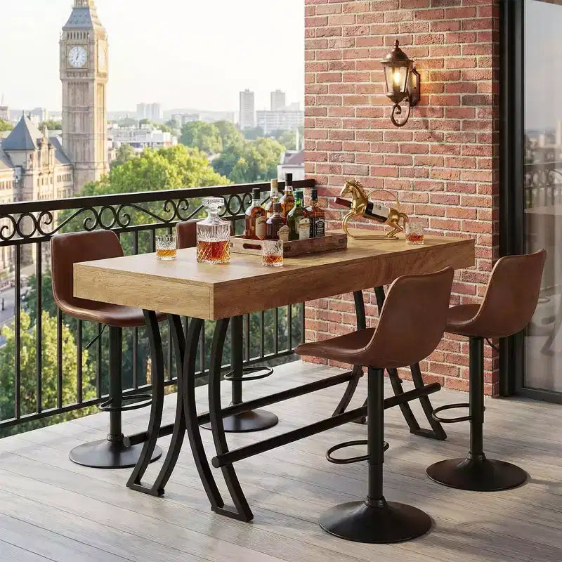 MAYEERTY 63 Industrial Farmhouse Counter Height Table, 6-8 Seater with Metal Footrest, Rustic Wood Grain MDF Top Kitchen Pub Table