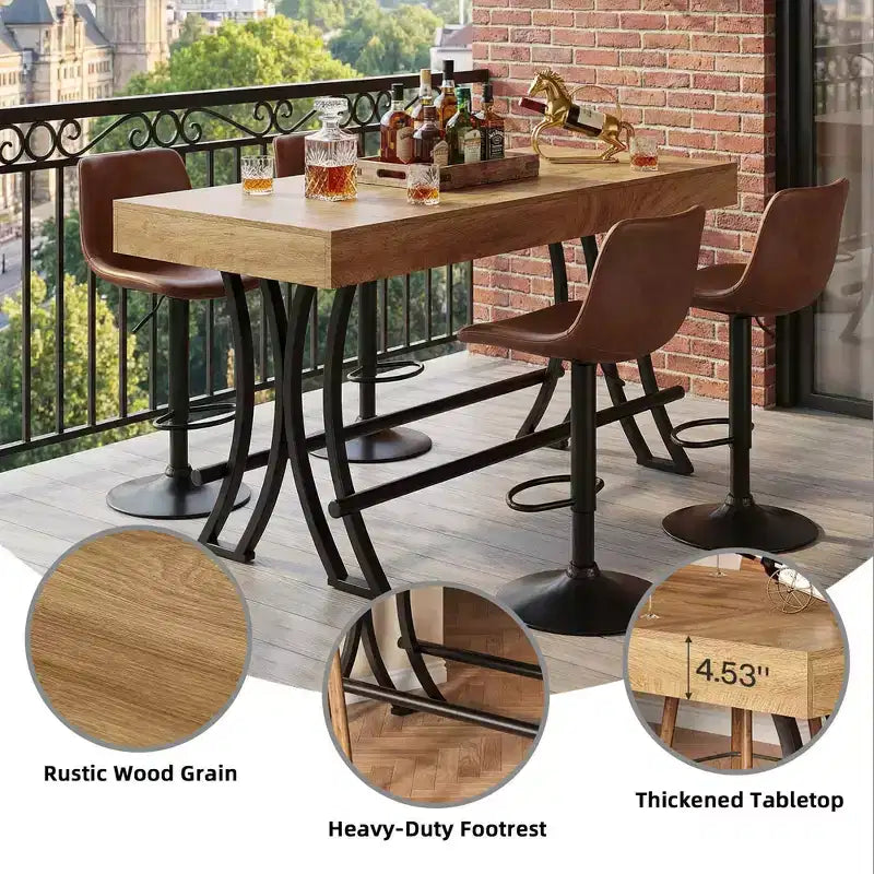 63" Industrial Farmhouse Counter Height Pub Table – Metal Footrest, 6–8 Seater