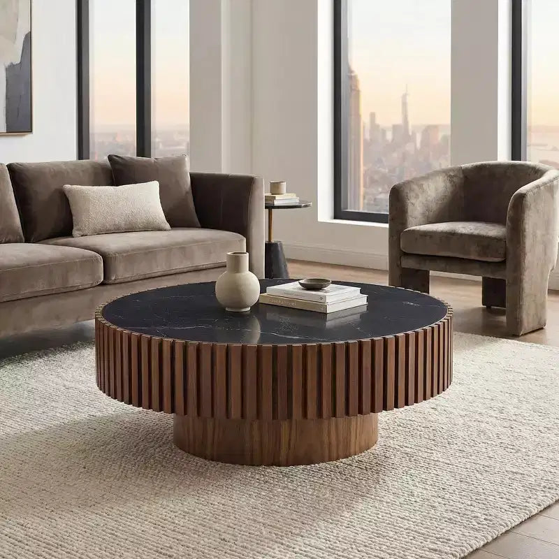 JVNOXK 35.43 Modern Round Coffee Table with Sintered Stone Top & Walnut Finish for Living Room & Apartment