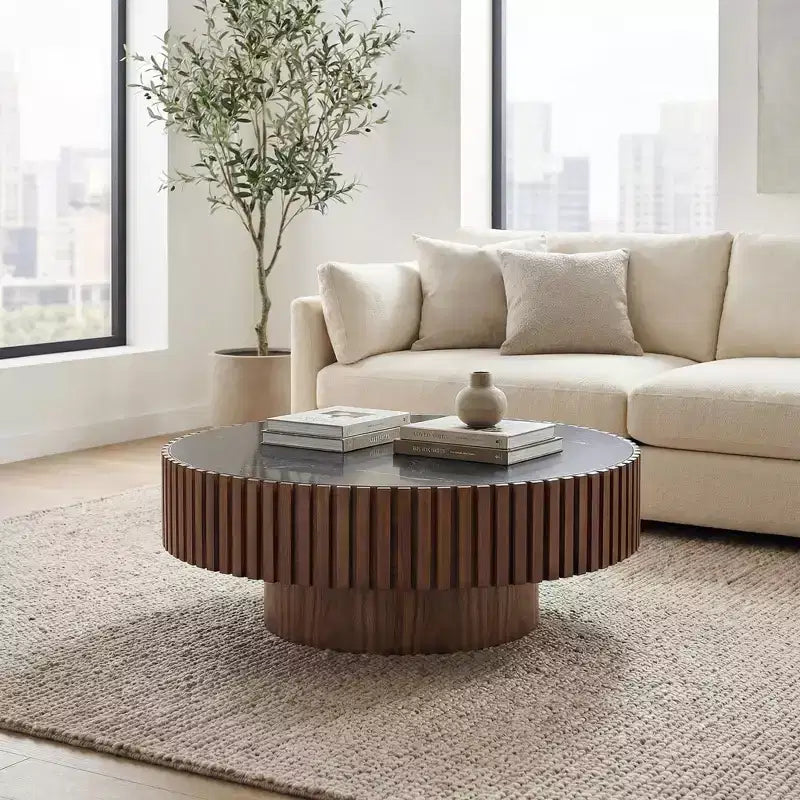 35.43" Modern Round Coffee Table – Sintered Stone Top, Walnut Finish, 260 lb Capacity