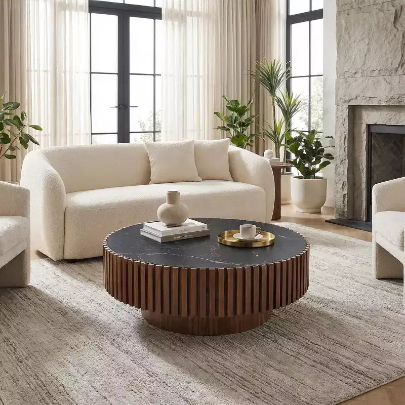 35.43" Modern Round Coffee Table – Sintered Stone Top, Walnut Finish, 260 lb Capacity