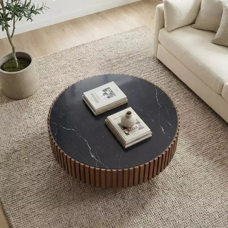 35.43" Modern Round Coffee Table – Sintered Stone Top, Walnut Finish, 260 lb Capacity