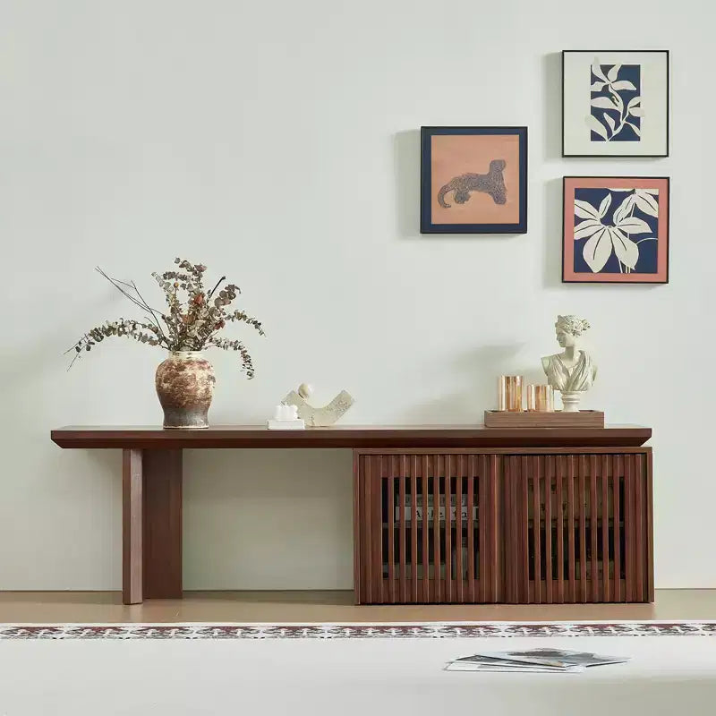 78–110" Extendable TV Stand Console Cabinet – Veneer & Slatted Design, 85" Max TV