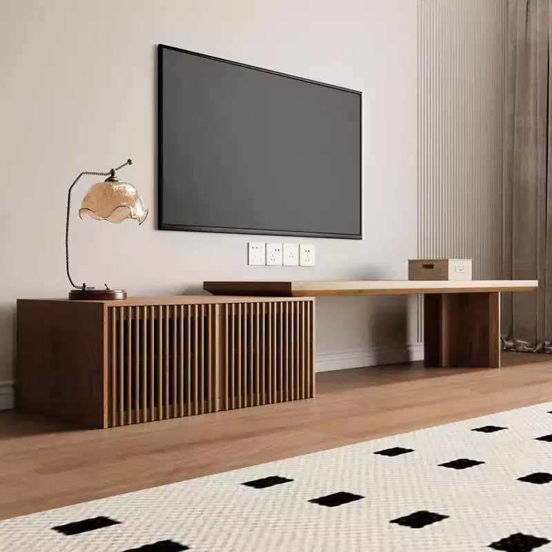 78–110" Extendable TV Stand Console Cabinet – Veneer & Slatted Design, 85" Max TV