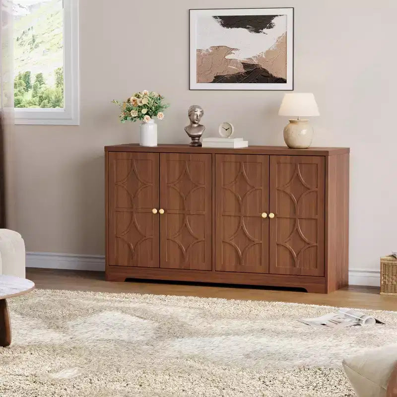 55 Inch Modern Sideboard Buffet Cabinet with 4 Doors & Adjustable Shelves, 300 LBS Capacity Storage Cabinet for Kitchen Living Room