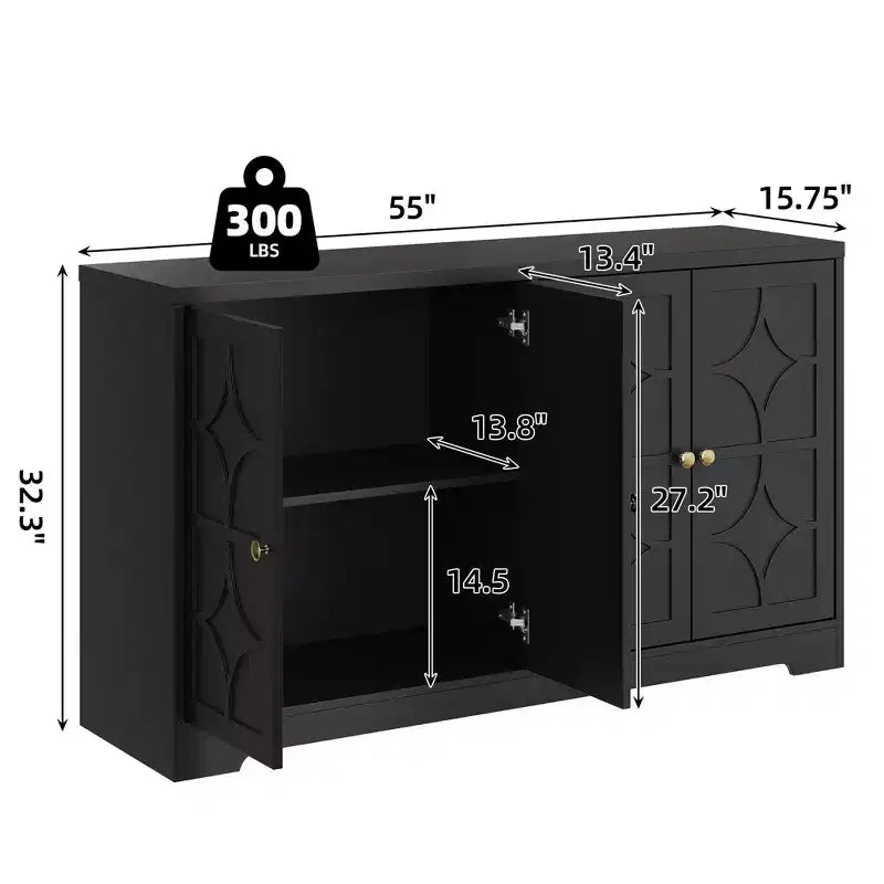 55 Inch Modern Sideboard Buffet Cabinet with 4 Doors & Adjustable Shelves, 300 LBS Capacity Storage Cabinet for Kitchen Living Room