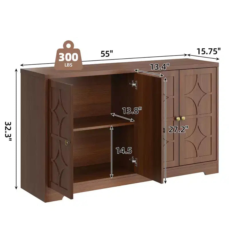55 Inch Modern Sideboard Buffet Cabinet with 4 Doors & Adjustable Shelves, 300 LBS Capacity Storage Cabinet for Kitchen Living Room