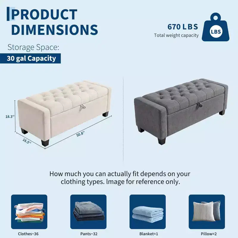 50.8 Large Storage Ottoman Bench w/ Safety Slow-Close Hinge, 670lbs Tufted Upholstered End of Bed Trunk for Bedroom, Living Room