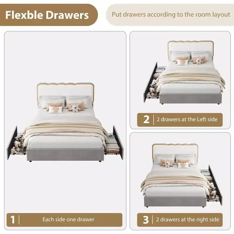 Queen Upholstered LED Bed Frame with Storage Drawer & Adjustable Headboard, Velvet Platform Bed, Heavy Duty Metal Support, No Box Spring Needed