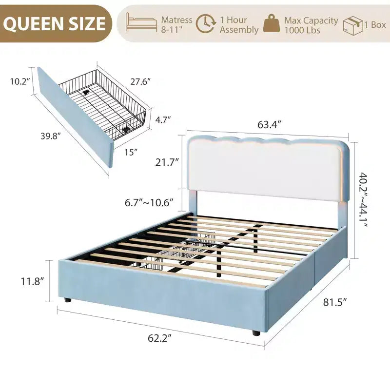 Queen Upholstered LED Bed Frame with Storage Drawer & Adjustable Headboard, Velvet Platform Bed, Heavy Duty Metal Support, No Box Spring Needed