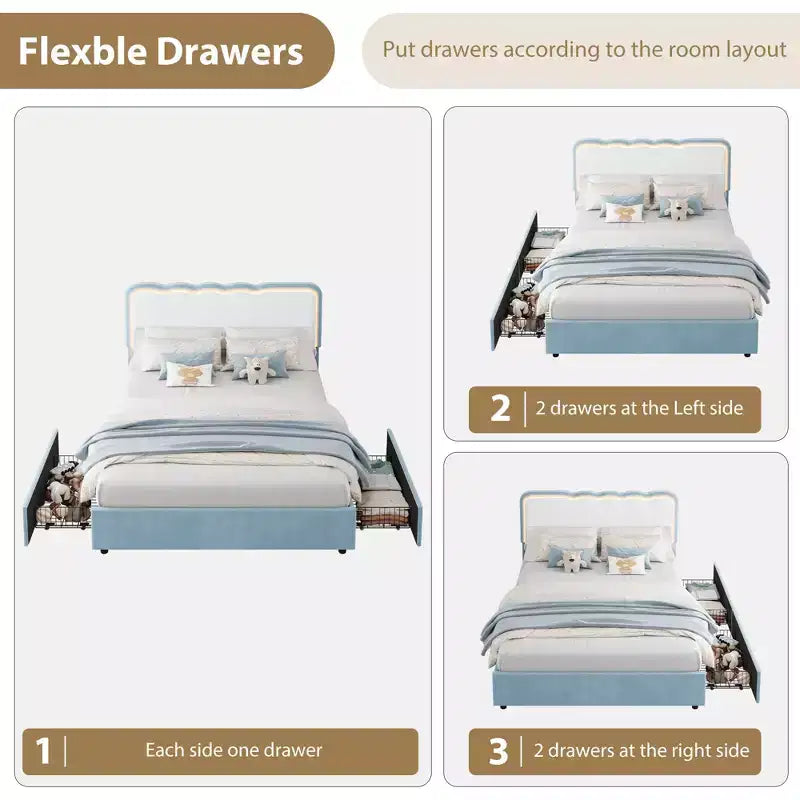 Queen Upholstered LED Bed Frame with Storage Drawer & Adjustable Headboard, Velvet Platform Bed, Heavy Duty Metal Support, No Box Spring Needed