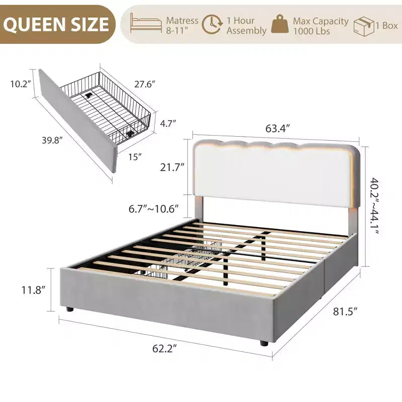 Queen Upholstered LED Bed Frame with Storage Drawer & Adjustable Headboard, Velvet Platform Bed, Heavy Duty Metal Support, No Box Spring Needed