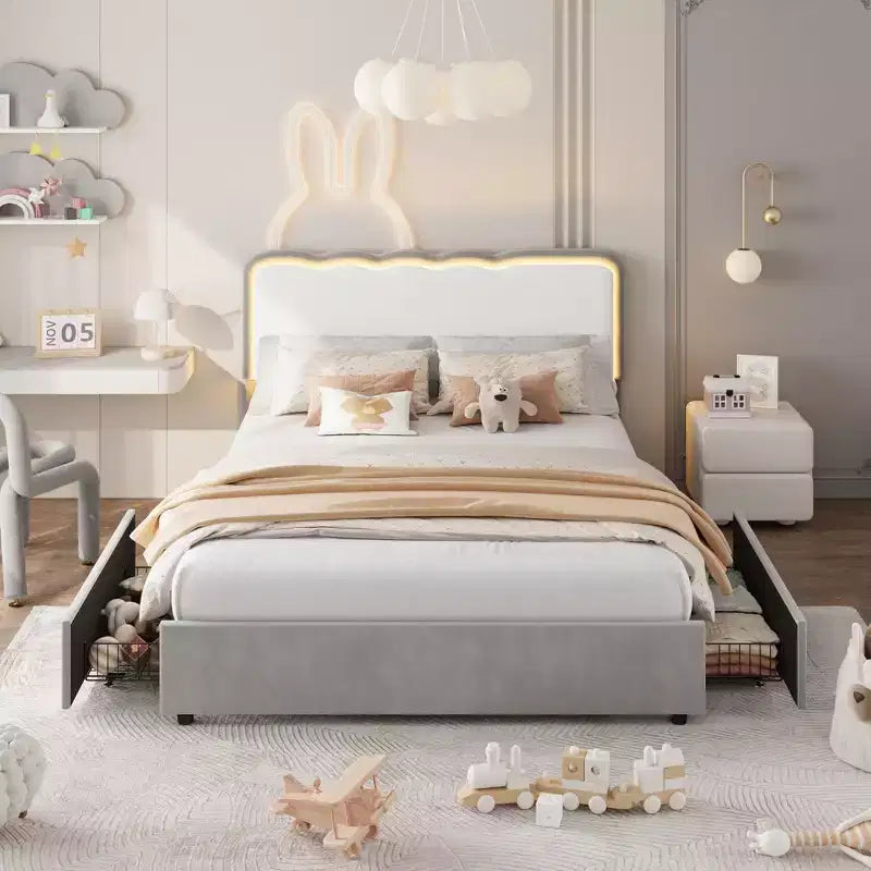 Queen Upholstered LED Bed Frame with Storage Drawer & Adjustable Headboard, Velvet Platform Bed, Heavy Duty Metal Support, No Box Spring Needed