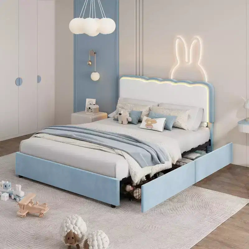 Queen Upholstered LED Bed Frame with Storage Drawer & Adjustable Headboard, Velvet Platform Bed, Heavy Duty Metal Support, No Box Spring Needed