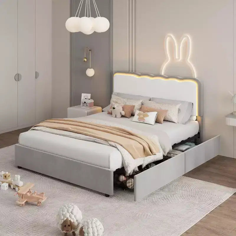 Queen Upholstered LED Bed Frame with Storage Drawer & Adjustable Headboard, Velvet Platform Bed, Heavy Duty Metal Support, No Box Spring Needed