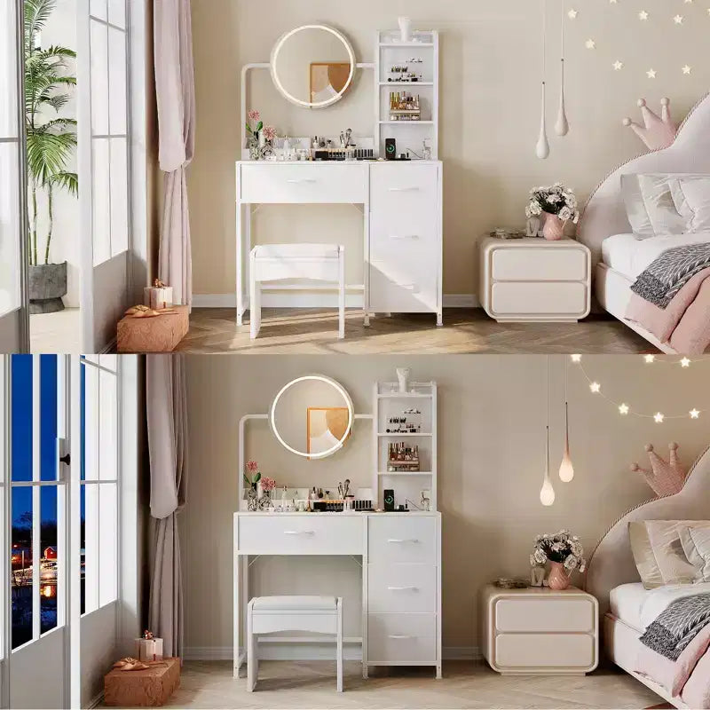 Small Vanity Desk with Lighted Mirror - Modern Black Dressing Table with 4 Drawers & Power Outlet for Bedroom