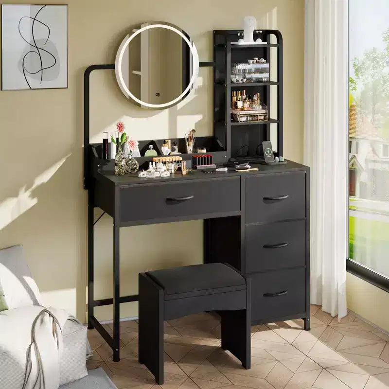 Small Vanity Desk with Lighted Mirror - Modern Black Dressing Table with 4 Drawers & Power Outlet for Bedroom