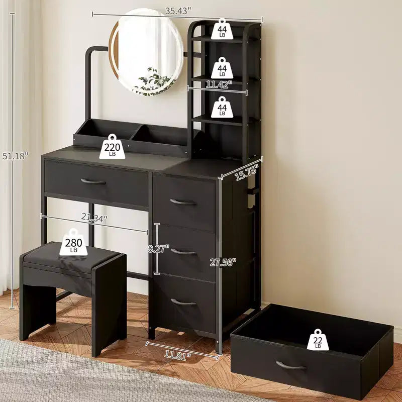 Small Vanity Desk with Lighted Mirror - Modern Black Dressing Table with 4 Drawers & Power Outlet for Bedroom