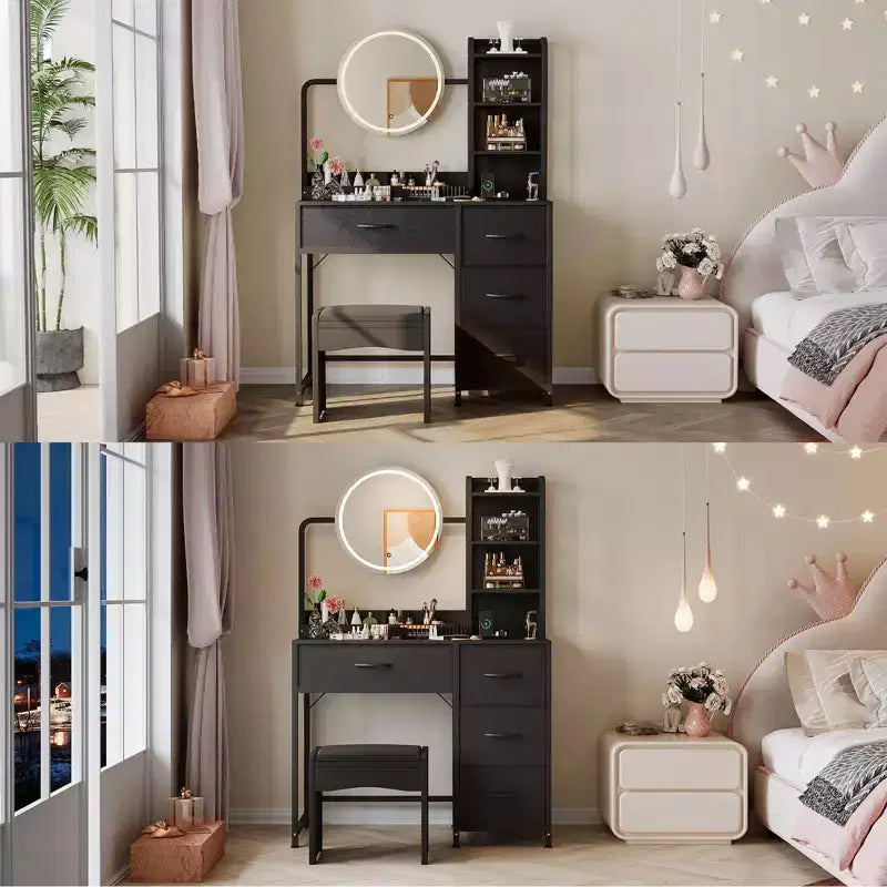 Small Vanity Desk with Lighted Mirror - Modern Black Dressing Table with 4 Drawers & Power Outlet for Bedroom