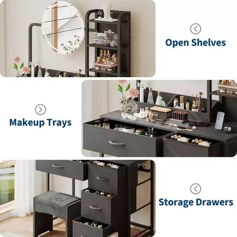 Small Vanity Desk with Lighted Mirror - Modern Black Dressing Table with 4 Drawers & Power Outlet for Bedroom